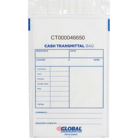 Global Industrial Cash Transmittal Bag, 6W x 9H, Clear, 100PK 320840